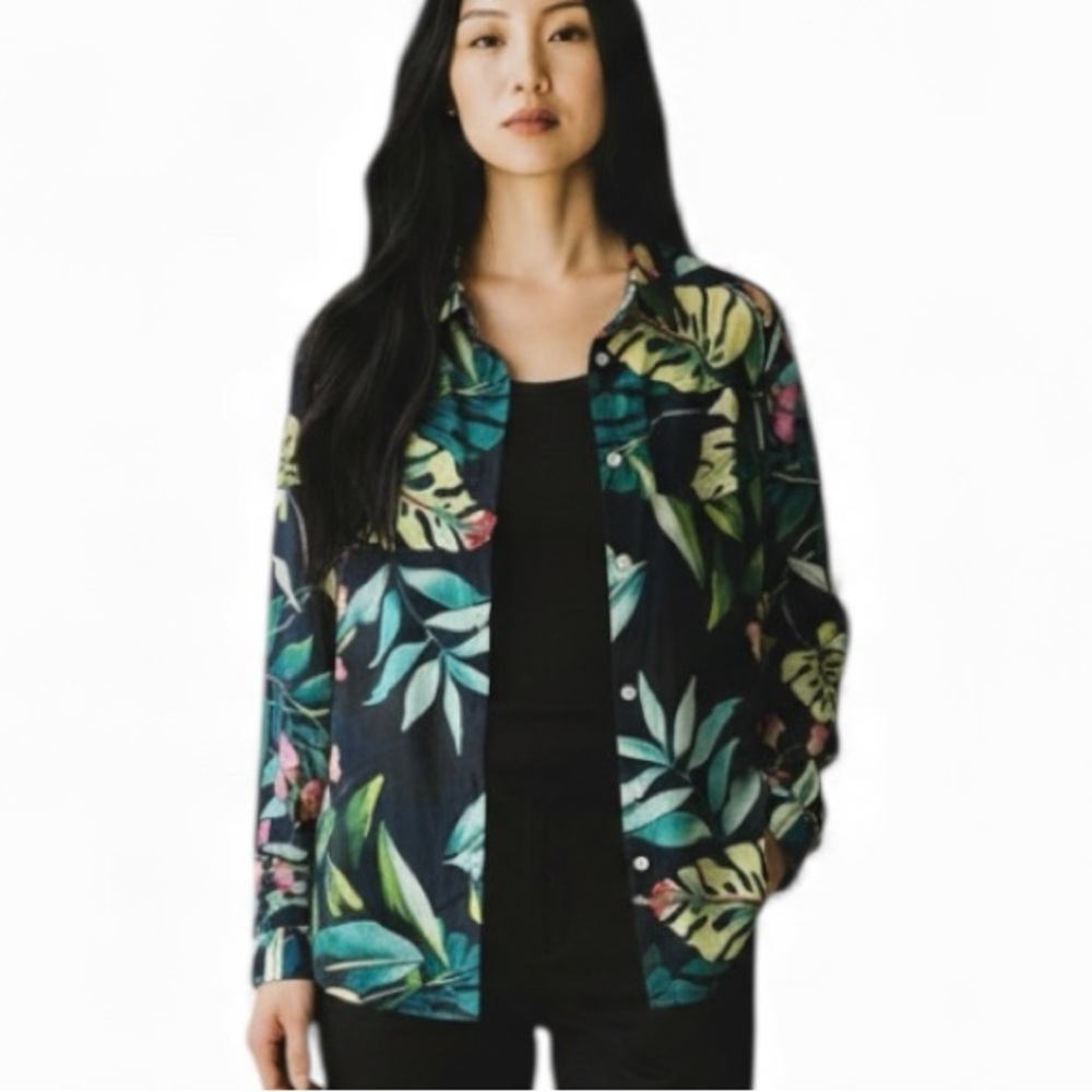 Kikisol Black Tropical Oversized Boyfriend Shirt Floral Print Blouse Size Small